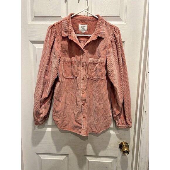 American Eagle Pink Corduroy Button up Blouse Balloon Sleeves Size Medium - Picture 1 of 9